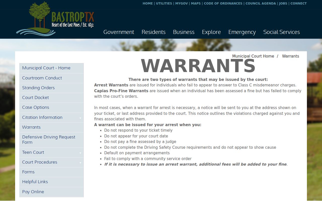 Bastrop County municipal court warrant type explanation