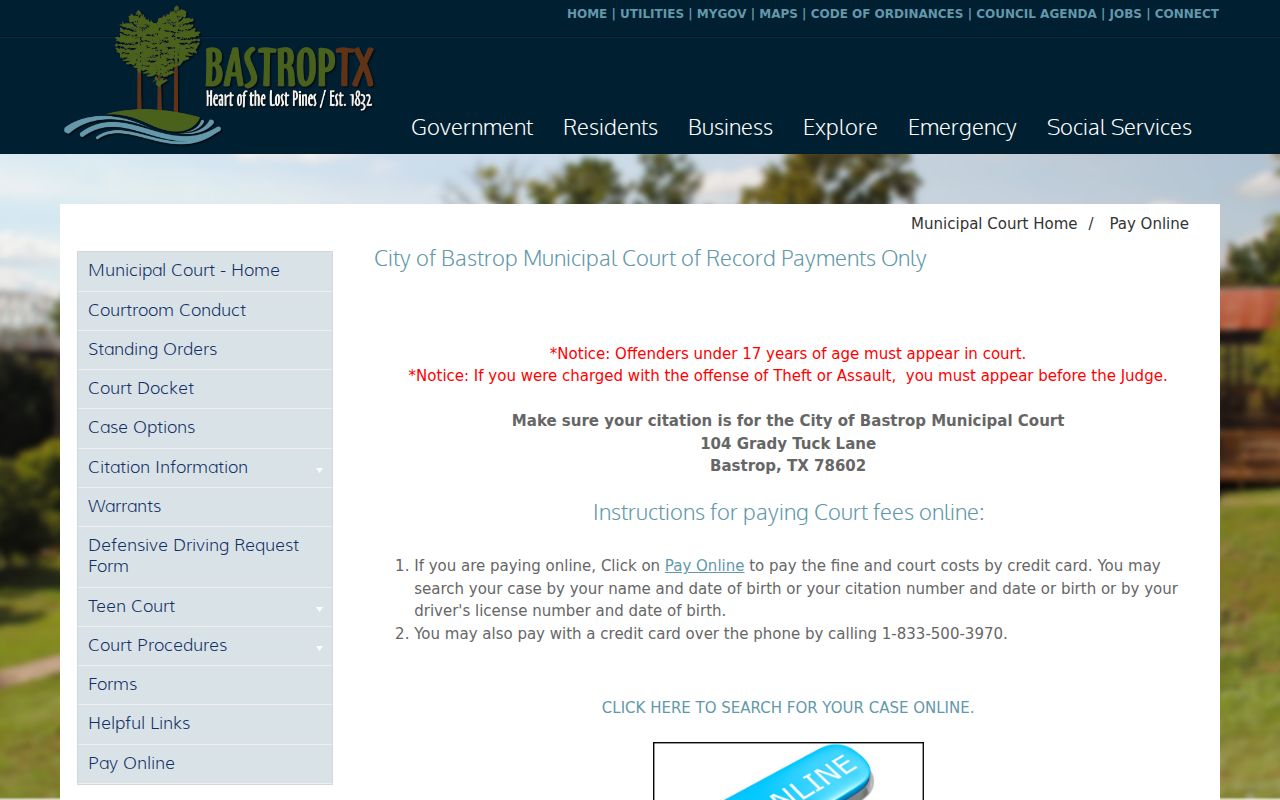 Bastrop warrant case and payment search instructions