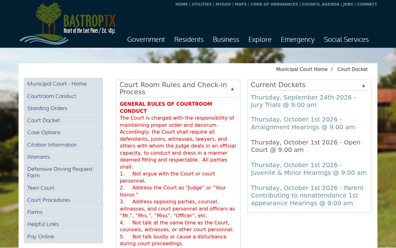 Bastrop warrant court check-in instructions at the municipal court