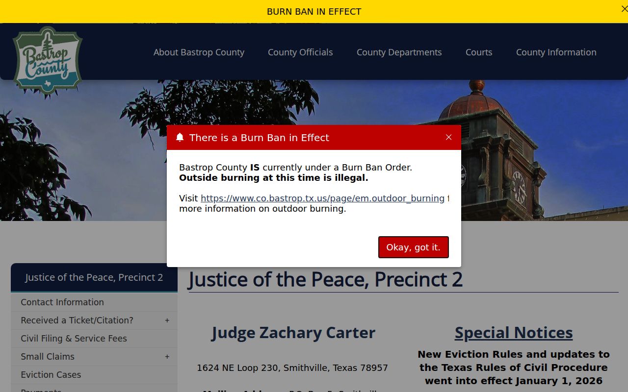 Bastrop County JP2 Smithville area warrant court contact