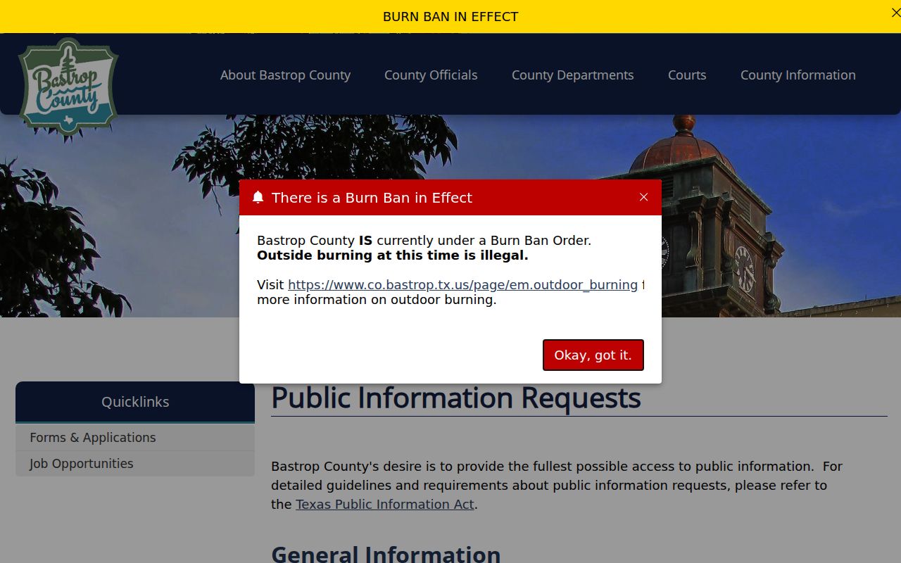 Bastrop County warrant records public information request route