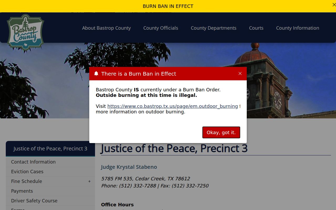 Bastrop County JP3 court bench warrant contact in Cedar Creek