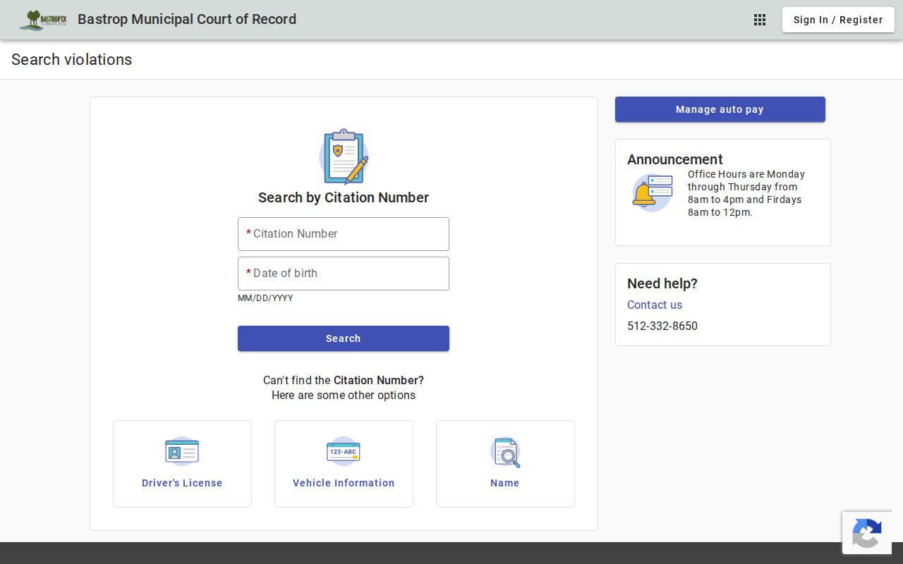 Bastrop warrant search fields on the municipal court portal