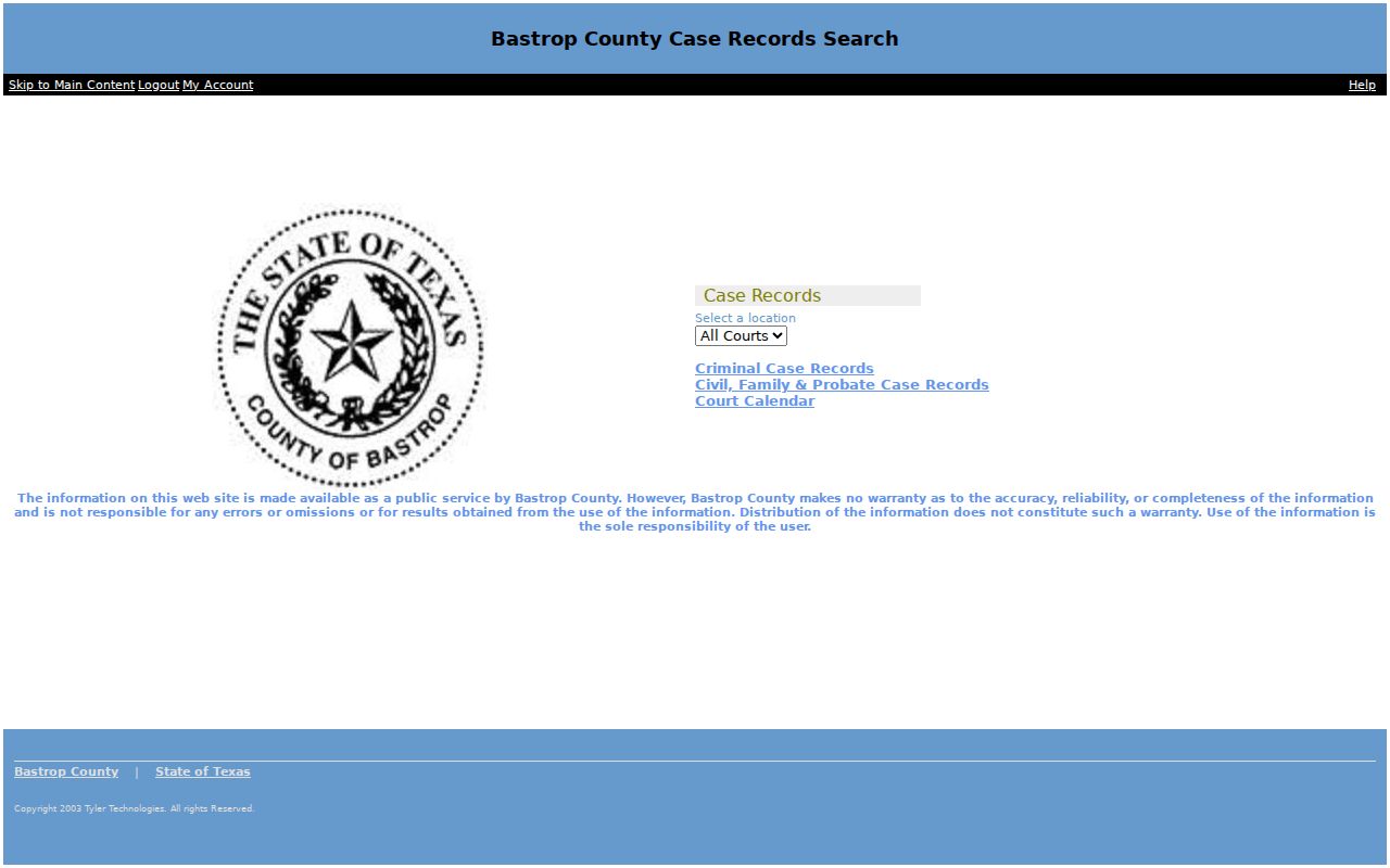 Bastrop County warrant case-search landing page