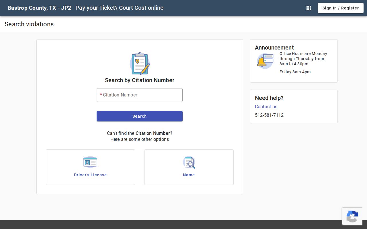 Bastrop County JP2 warrant and citation search fields