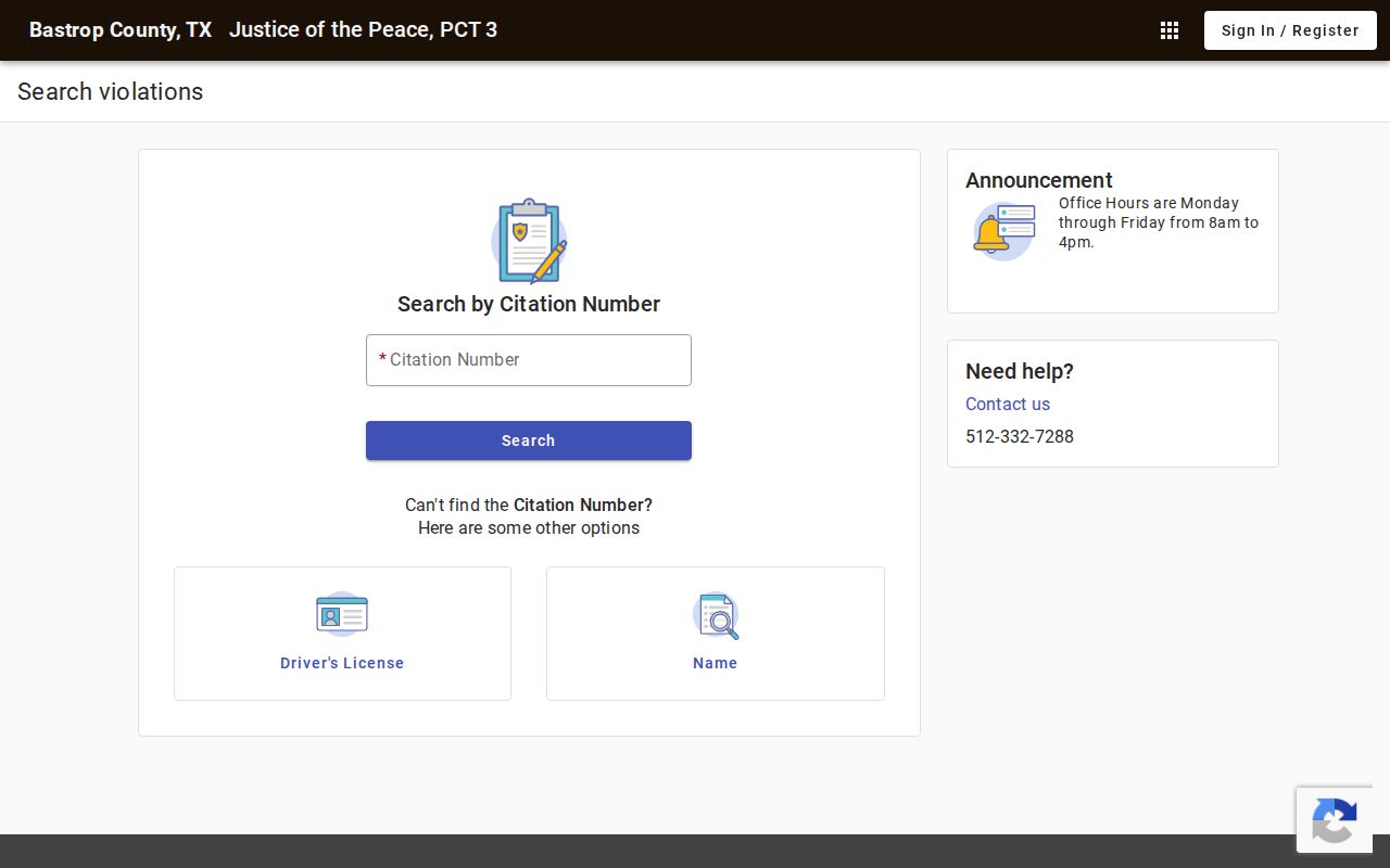 Bastrop County JP3 traffic warrant and citation search interface